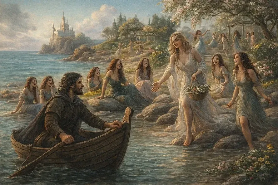 Illustration depicting the mythological Voyage of Bran