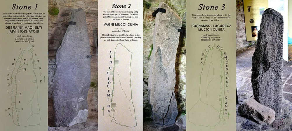 Kilgrovan Ogham stones 1, 2 and 3 at Mount Mellary Heritage Centre, Co. Waterford